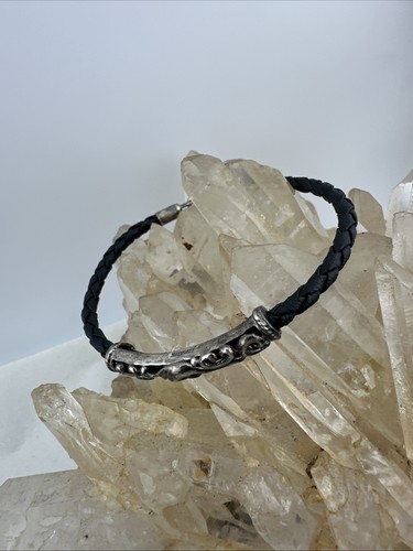 Vintage Leather Braided Sterling Scroll Charm Bracelet Thailand 925 - Picture 11 of 11