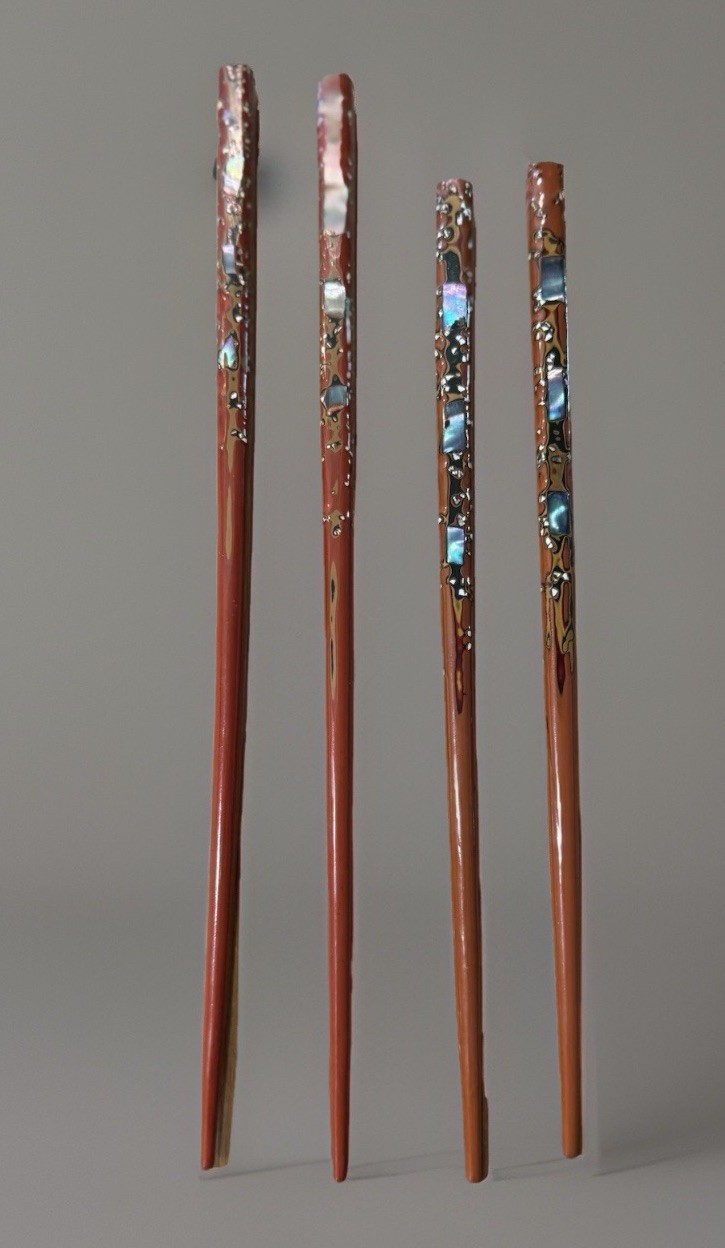 2 Pair Wakasa Nuri Japanese Lacquered Inlaid Mother of Pearl Chopsticks 9”&8”