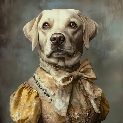 Lord Labrador mit einem detaillierten Outfit im antiken Stil, das eine gelbe Spitze enthält