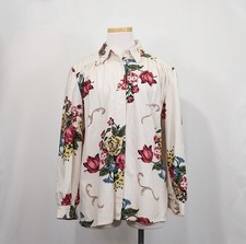 Vintage 90s Blouse Silk Top Shirt Cream Floral Print Misses Size S
