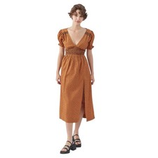 Urban Outfitters Liliana Slit Midi Dress Boho Brown Polka Dot Women's Size Large