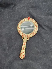 Decorative Red Bejeweled   Magnifying Glass   Gold Tone Desktop Purse brass?