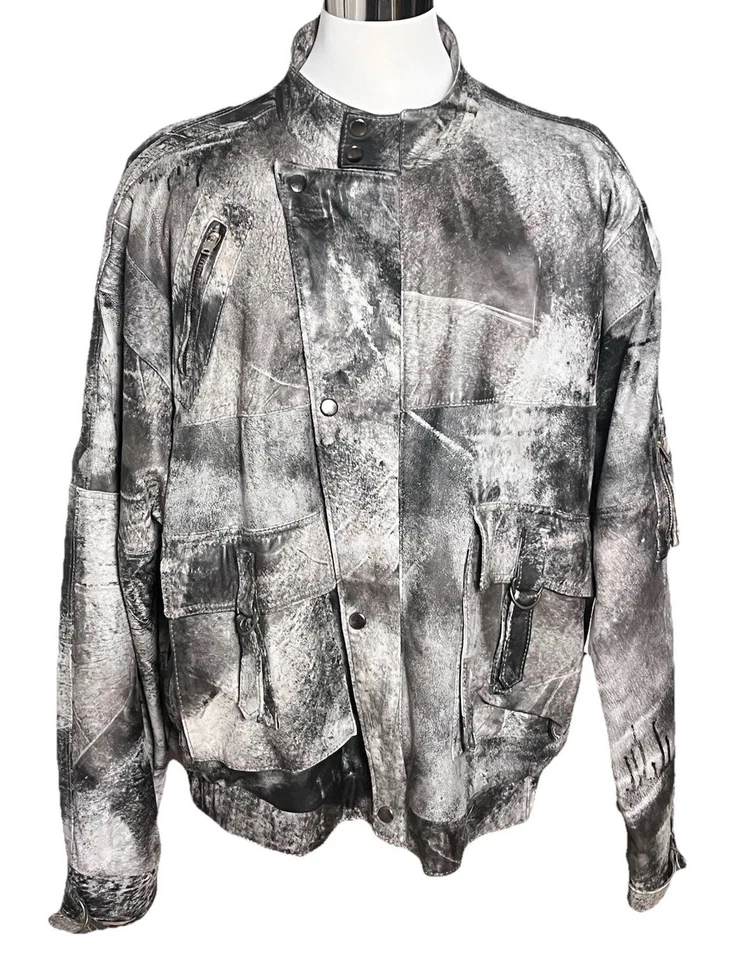 复古 Empire International 皮革男式大号摩托车机车夹克灰色/黑色 — 第 2/4 张图片