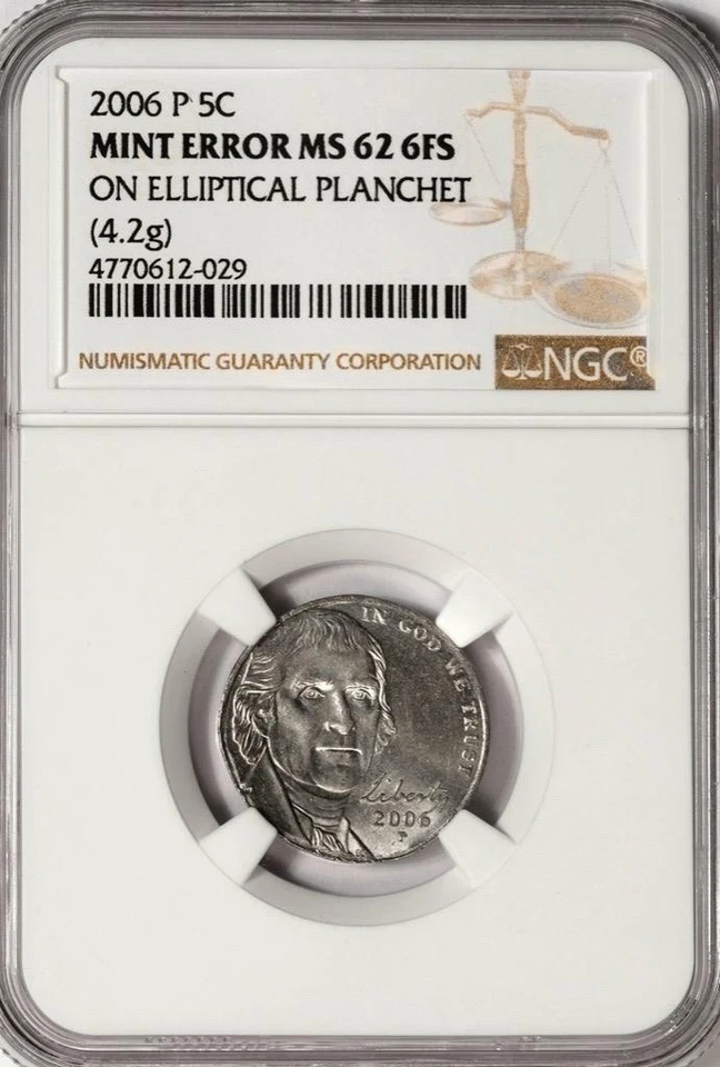 2006 NGC MS62 Struck On 4.2 Gram Elliptical Planchet Nickel Mint Error Rare Date - Image 2 of 4