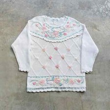 Vintage Coquette white knit sweater with ribbons and pearl embroidery Sz L