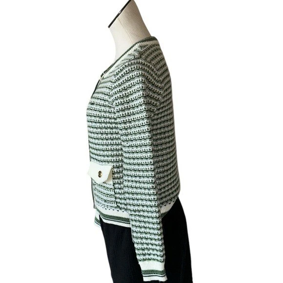 Nuevo con etiquetas Cárdigan Nanette Lepore Verde/Crema Acogedor Boucle Tweed Cárdigan Chaqueta XS Foto 4 de 4