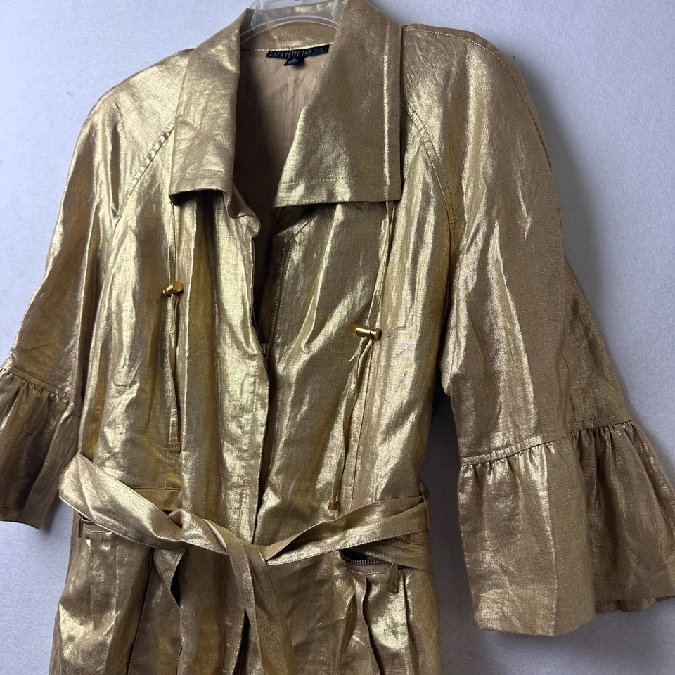 Lafayette 148 New York Chaqueta Talla 8 Dorado Metálico 3/4 Manga Acampanada Cinturón Lino Foto 3 de 4