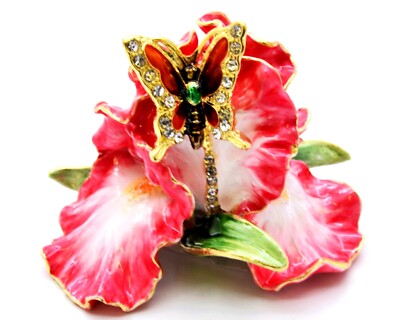 Orchid Flower Trinket Box with Butterfly Handmade with Swarovski Crystals Enamel