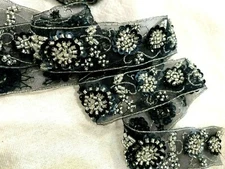 vintage trim flowers hand sewn glass beads sequins 1" black silver 32"pc