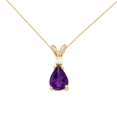 14k Yellow Gold Pear Shaped Amethyst and Diamond Pendant with 18'' Chain