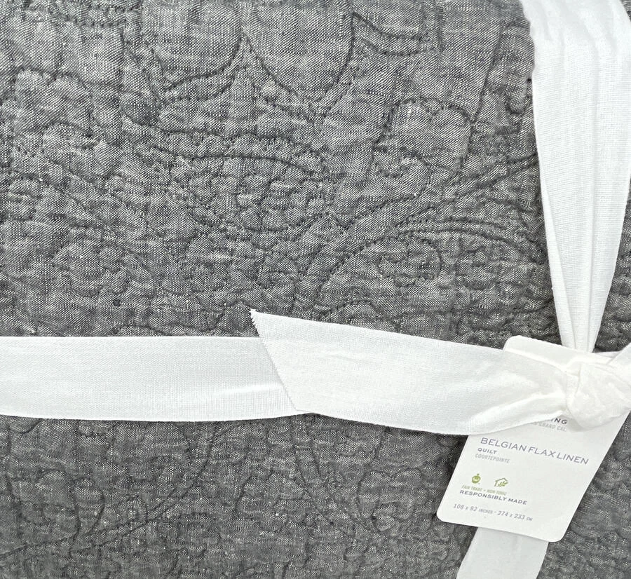 Pottery Barn Belgian Flax Linen Floral Stitch Quilt King Heathered Charcoal Gray