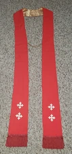 CLERGY STOLE OFFICIANT VESTMENT RED W/FLEUR DE LIS CROSSES FRINGE