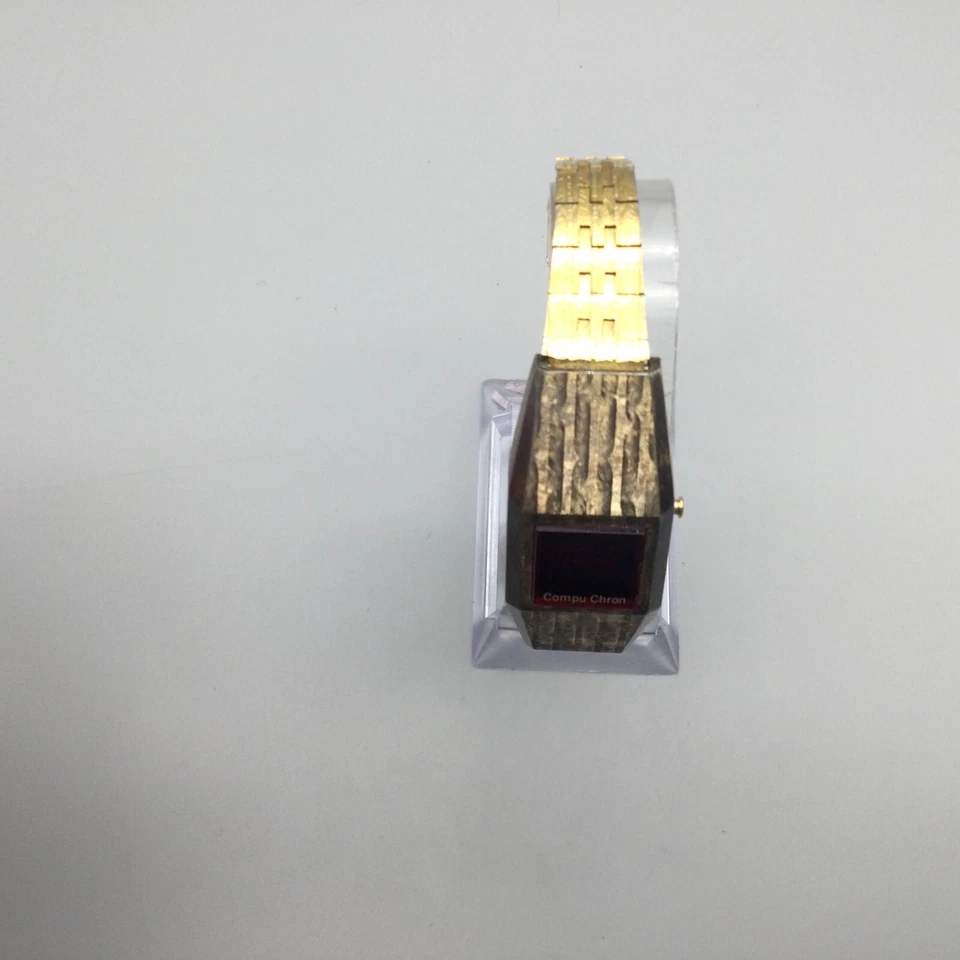 Vtg Compu Chron Watch Women Digital 20mm Gold Tone Red LED 1970's New Battery 6" - Image 3 of 4