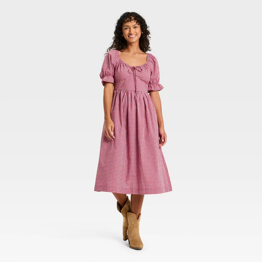 cotton blend puff sleeve dress Women's Elbow Midi A-Line Smock dress Plus Size Beach Wedding Fall 2 2021 and elastane provides breathability Color:Pink Mix
