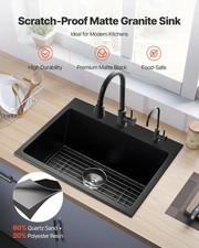 25 inch Kitchen Sink Workstation, Top Mount Granite Sinks, Drop-In Single Bowl F