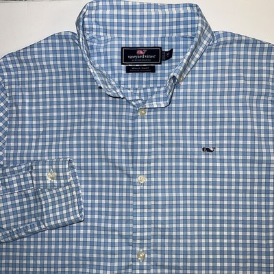 Vineyard Vines Performance Boys Shirt Size XL (18) Lt Blue White Gingham Check