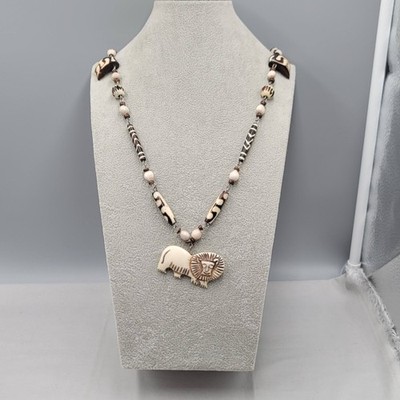 Vtg African Batik Cattle Bone Bead Necklace Lion Pendant Handcrafted 30''