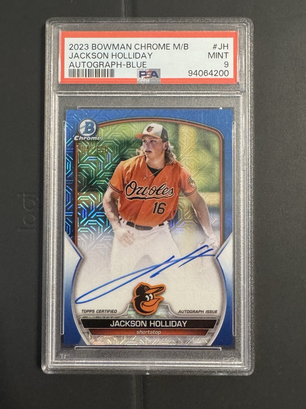 2023 Bowman Chrome Jackson Holliday Auto Rookie Prospect Blue Mojo /150 PSA 9 view 3