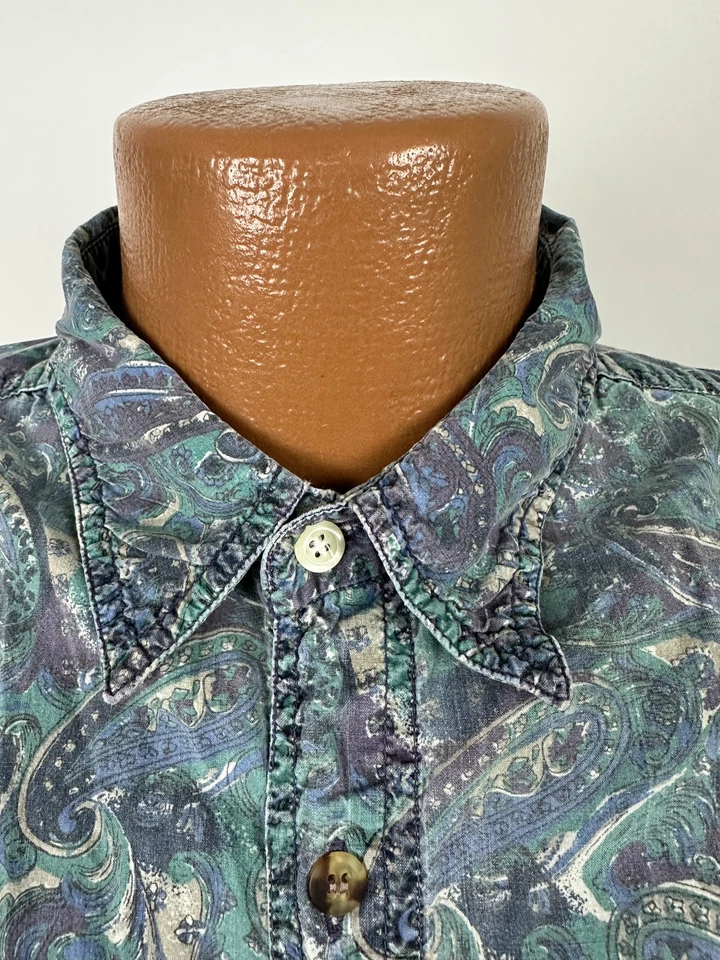Camisa Paisley Vintage Años 80 Hombres XL Abotonada Desteñida Grunge Patín Floral Verde azulado Púrpura Foto 3 de 4