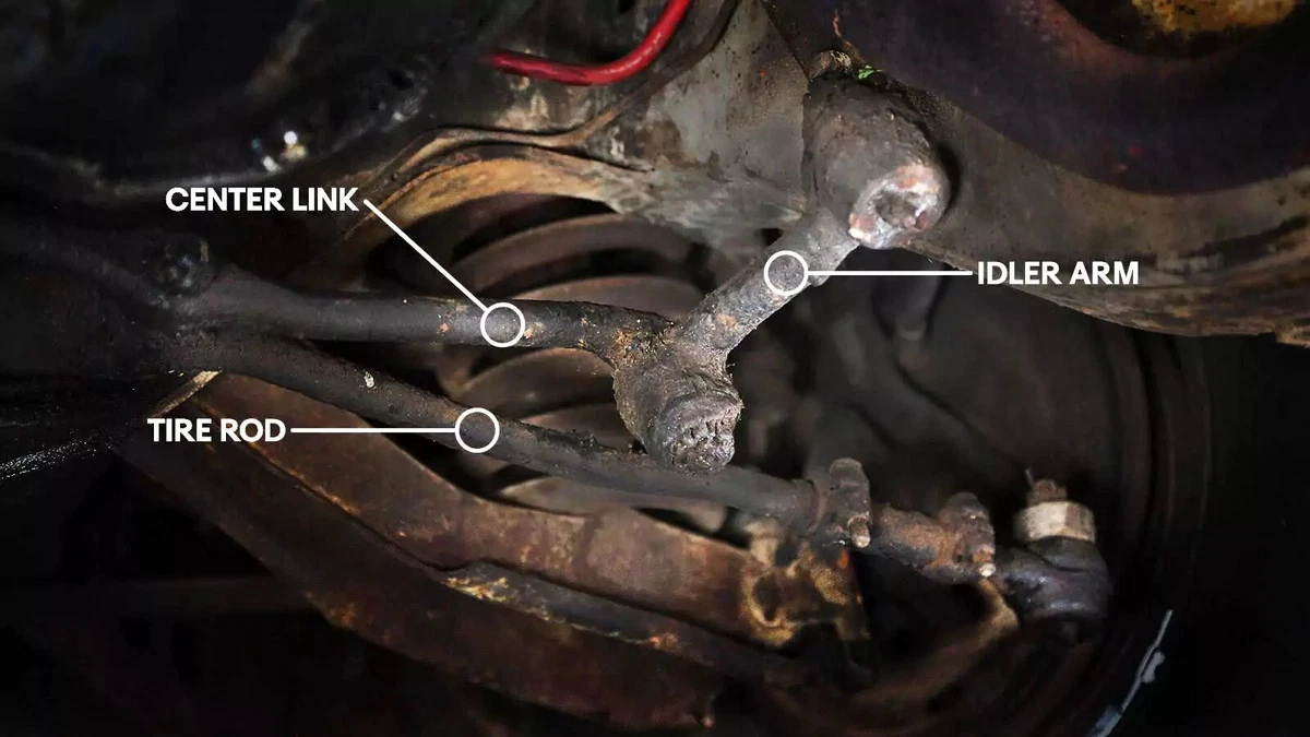 A suspension and steering system under a car with a graphical callout for the idler arm’s location.