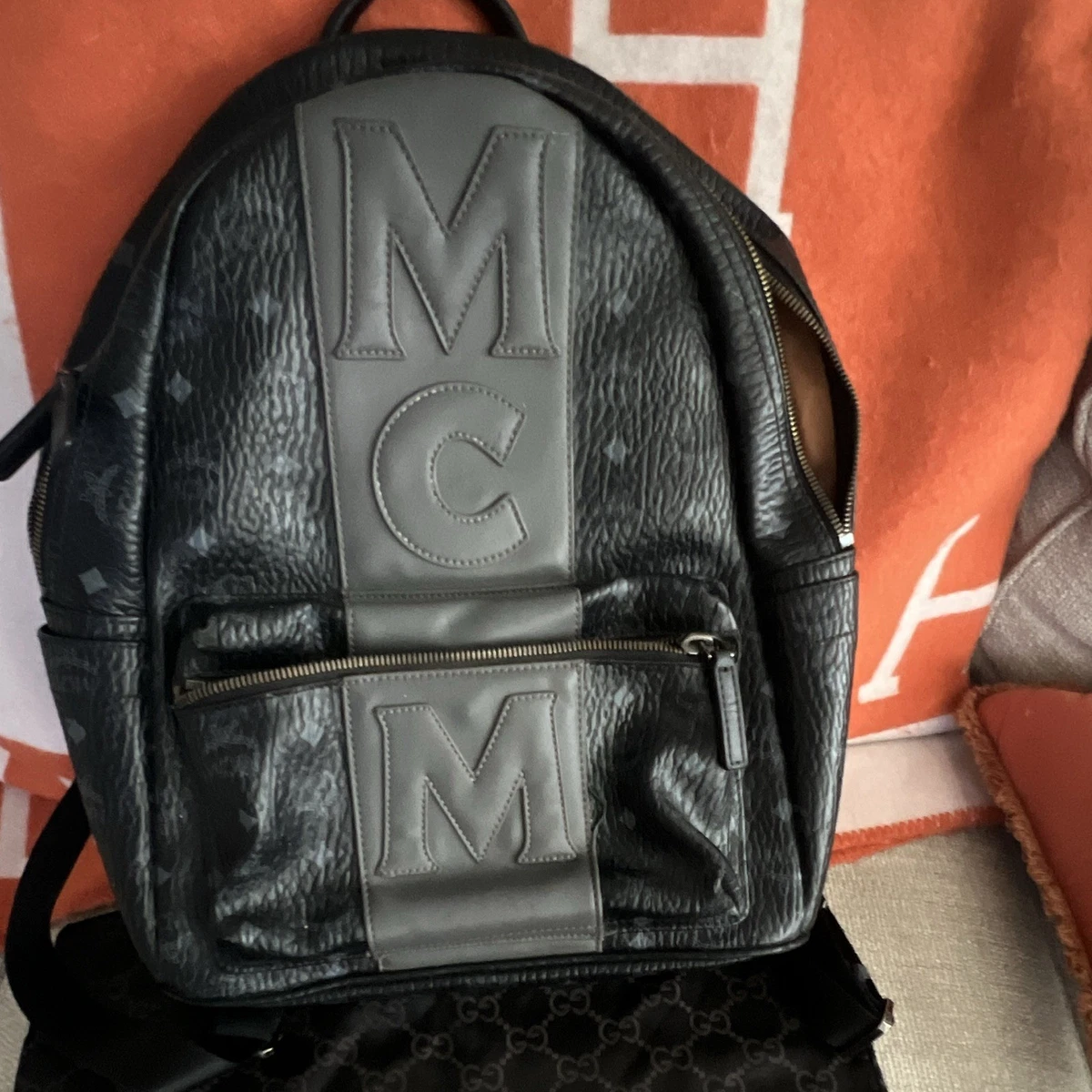 MCM Black Logo-Print Leather Backpack with Silver Hardware MCM Black Leather Backpack with Silver Hardware main image 2