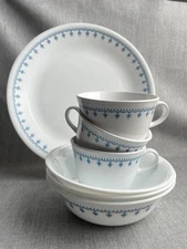 Corelle Snowflake Garland Blue ~ (1) Dinner Plate; (3) Bowls; (3) Cups