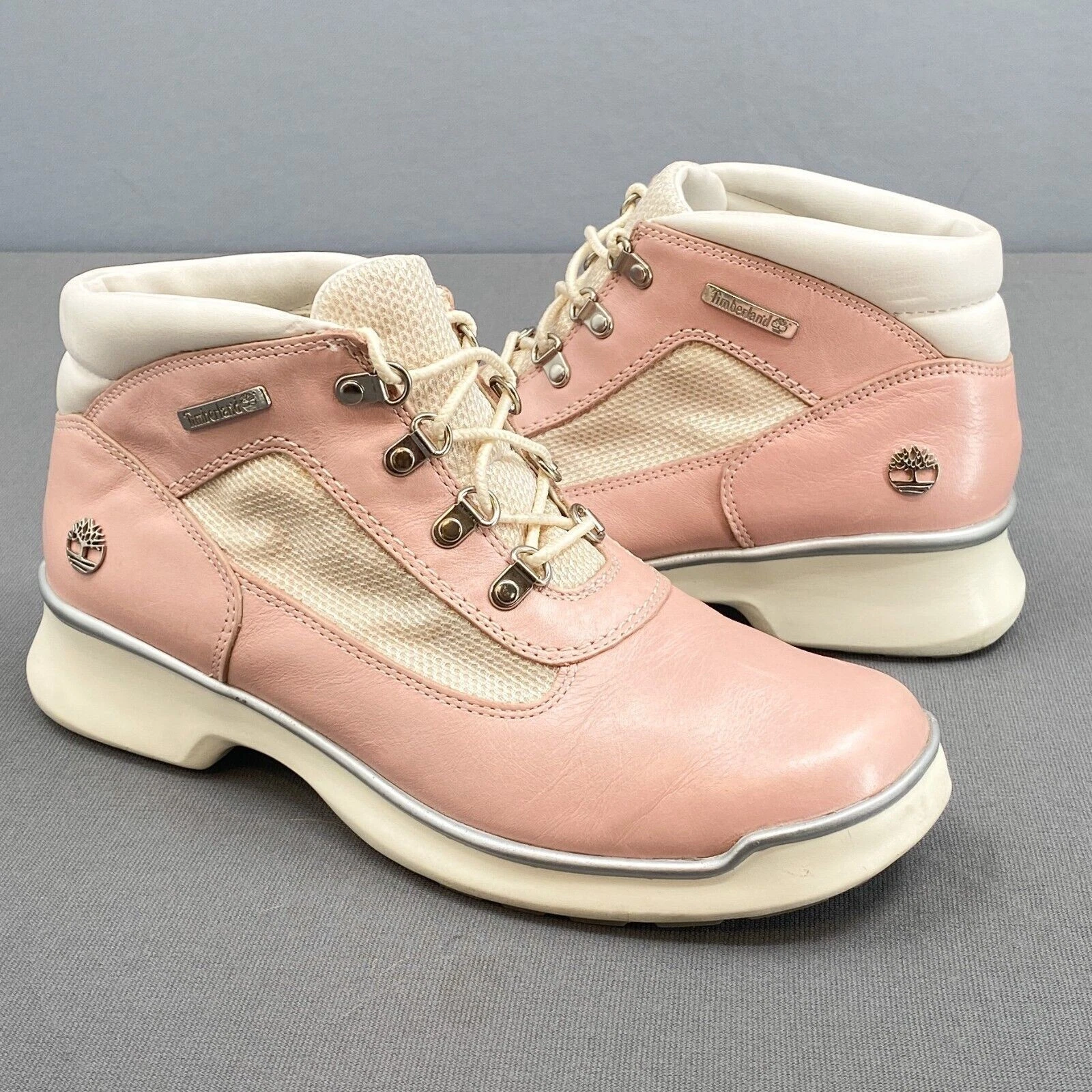 Timberland stivali da trekking campo donna 8 5 M rosa pelle bianca Barbiecore metà polpaccio