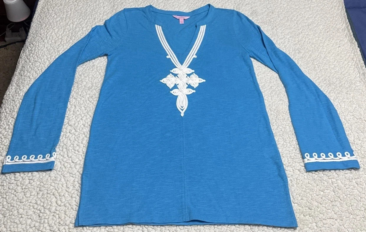 Lilly Pulitzer Tunic Top Turquoise Embroidered White 100% Cotton Size S NWOT