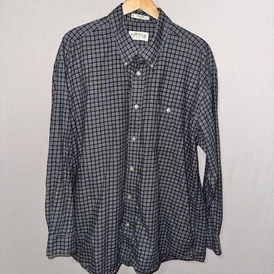 Orvis Men's XXL Cotton Blue Gray Check Long Sleeve Button-Down Shirt Pockets