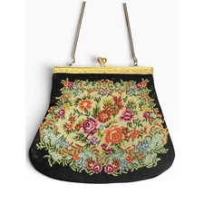 Vintage Floral Needlepoint Tapestry Purse Gold Tone Frame Chain Evening Handbag