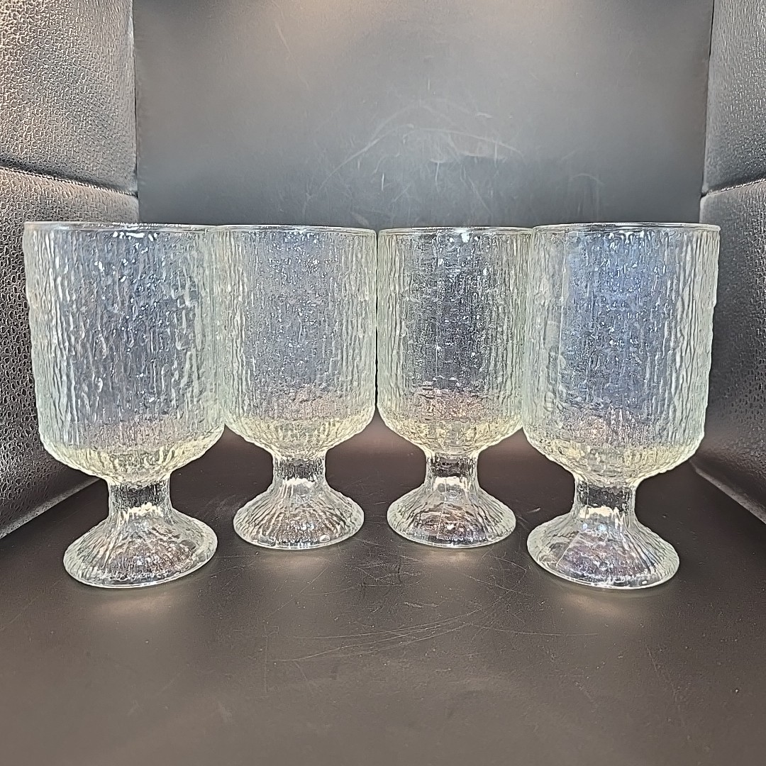 Set 4 Vintage Indiana Glass Ice Tree Bark Textured Water Wine Goblets 6 In MCM