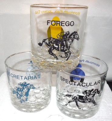 MONMOUTH PARK JOCKEY CLUB TUMBLERS SECRETARIAT SPECTACULAR BID FOREGO GLASSES