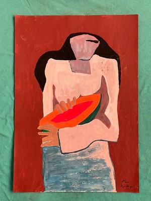 Tilsa Tsuchiya drawing and painting on old paper signed stamped vintage