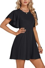 size M Lyaner Women’s Warp V-Neck Ruffle Short Sleeve A Line Swing Flared Dress