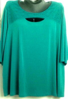0X - 5X Catherines Women Polyester T-Shirt Top GREEN CROCHET TOP 3/4 SLEEVE 