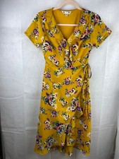 Yumi Dress UK 8 Wrap Mustard Yellow Floral Lined Frill Tassel Detail