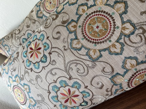 2 FEATHER DOWN PILLOWS COUCH BED EMBROIDERED TAN BEIGE RED TURQUOISE 23” Long - Picture 7 of 14