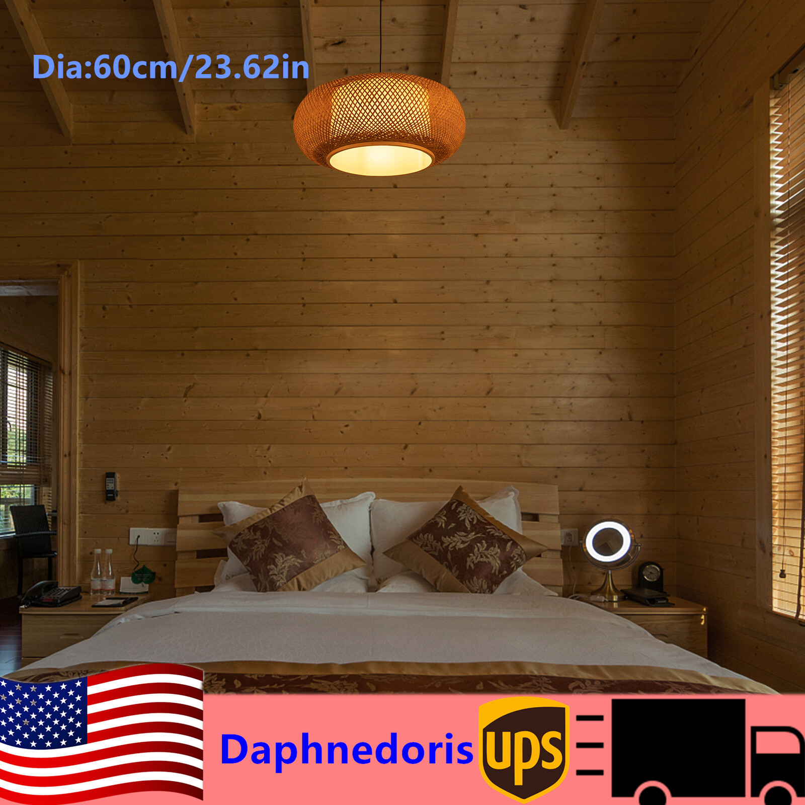 60CM Rattan Lantern Pendant Light 40W Ceiling Lamp Light Bamboo Wicker Fixture