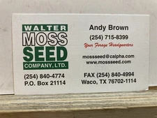 1990's 2000's Business Card Walter Moss Seed Company Waco TX Vtg