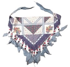 Vintage 1980s Handmade Cowgirl Beaded Bandana Southwest print Fringed Scarf blue