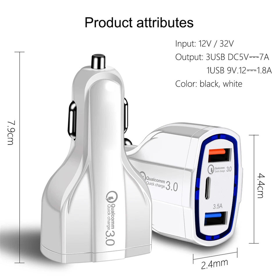 3 Port USB & Tpye C Fast Car Charger 3.1A USB Quick Charger QC3.0 Lighter Socket - image 4 of 4