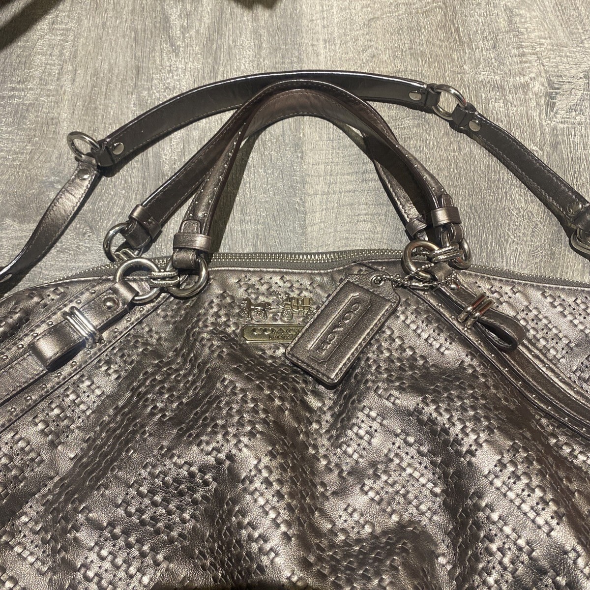 COACH ノベルティ Coach 17763 Sophia Madison Pewter Leather Woven Satchel Shoulder
