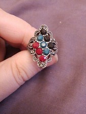 Diagonally Set Red Green And Black Gems With Marcasite Accents On Unknown Metal
