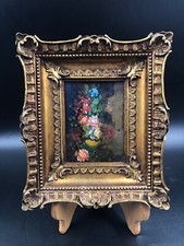 Quadro vintage natura morte fiori olio 22,5x19 cm cornice d'orato