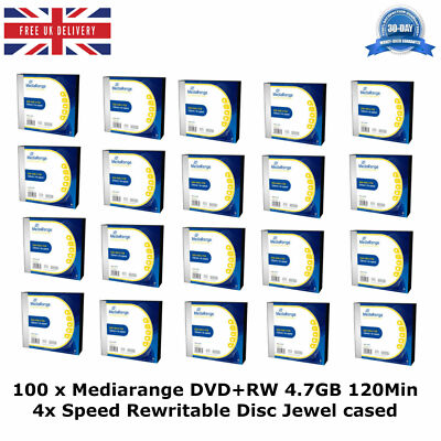100 x Mediarange DVD+RW 4,7 GB 120 Min 4x Geschwindigkeit wiederbeschreibbar Slimcase leere Disc Neu