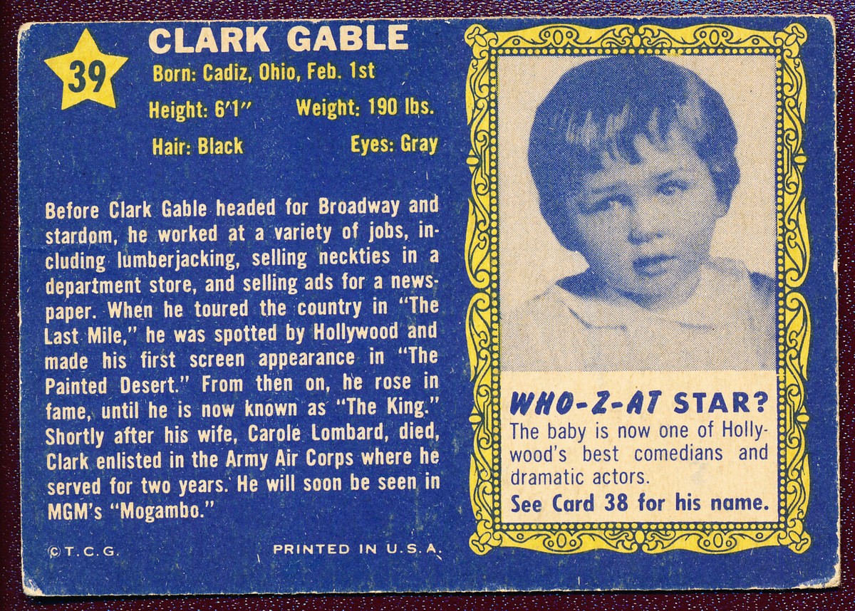 1953 Topps Who Z At Star #39 Clark Gable VG Key Card in Set | eBay