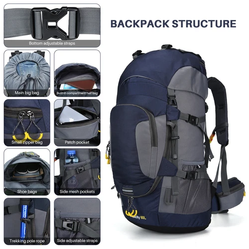 Wasserdichter Rucksack 60L großes Fassungsvermögen Tornister Tasche für Camping Wandern Reisen - Bild 13 von 56