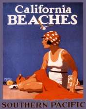 POSTER CALIFORNIA BEACHES WOMAN ON SAND USA SUMMER TRAVEL VINTAGE REPRO FREE S/H