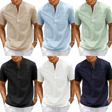 Mens Shirt Short Sleeve Button-Down T-shirt Cotton Linen Summer Casual Beach NEW