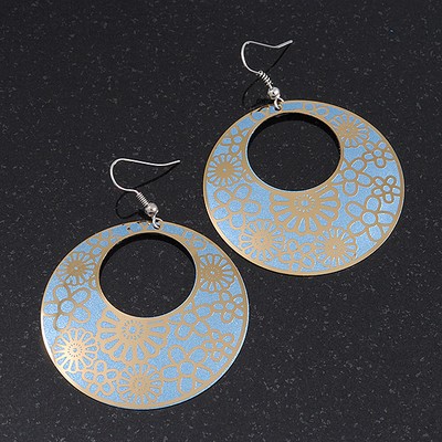 Creolen Gold/hellblau Cut-Out Blumen - 6 cm Länge